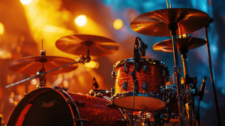 Dynamic shot of a drum set on a concert stage, backlit by a single spotlight, emphasizing the rhythm of live music.の素材