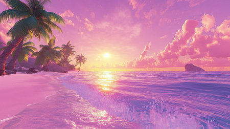 Serene sunset over the ocean, with gentle waves lapping the shore, creating a calming and picturesque scene.の素材