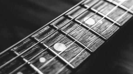 Black and white electric guitar close-up, focusing on the fretboard and strings, with moody lighting and ample copy space.の素材