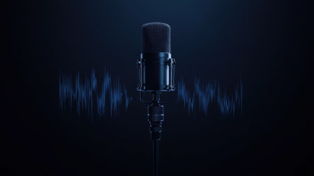 Minimalist dark blue sound studio scene featuring a condenser microphone with a dynamic audio waveform and copy space for text.の素材