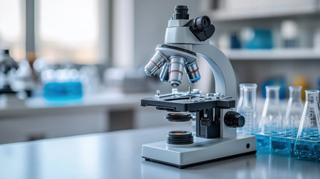 Soft-focus science-themed image with lab glassware and a high-powered microscope in the background, ideal for educational or research content.の素材