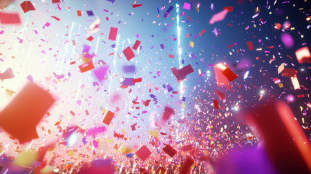 Massive festival audience jumping as colorful confetti explodes over the stage, with vivid beams of light creating a thrilling atmosphere.の素材