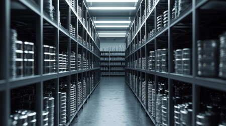 Stacked aluminum energy drink cans in a warehouse, arranged neatly with a copy space area for branding or text.の素材