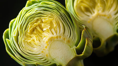 Artichoke cut in half, showing the intricate structure of the heart and soft choke, beautifully lit to highlight its organic textures.の素材