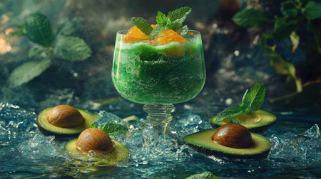 Delicious avocado and mint smoothie in a glass, vibrant green, with avocado halves and mint leaves artistically arranged around it.の素材