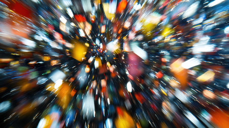 Massive festival audience jumping as colorful confetti explodes over the stage, with vivid beams of light creating a thrilling atmosphere.の素材