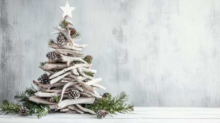 Handcrafted driftwood Christmas tree with elegant decorations on a white wooden surface, creating a serene and festive atmosphere.の素材