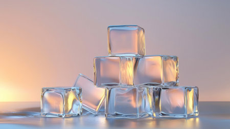 Abstract composition of stacked glowing glass cubes, futuristic ambiance perfect for high-end product showcases.の素材