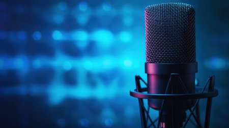 Studio-quality microphone against a moody blue gradient background, enhanced by an abstract soundwave animation, perfect for music production themes.の素材