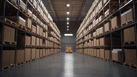 AI-driven robotic arms in a modern warehouse, rapidly processing and organizing shipments, revolutionizing logistics and supply chain operationsの素材