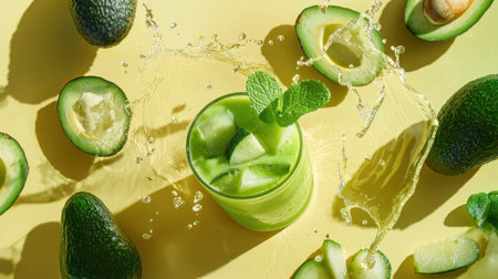 Bright and healthy avocado smoothie with fresh mint garnish, surrounded by whole and sliced avocados, with a refreshing splash effect.の素材