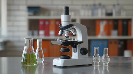 Soft-focus science-themed image with lab glassware and a high-powered microscope in the background, ideal for educational or research content.の素材