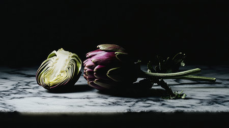 A raw artichoke split open on a marble countertop, its heart and choke exposed, with moody lighting adding a gourmet culinary touch.の素材