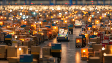 Automated warehouse filled with robotic arms managing inventory, moving packages seamlessly under bright industrial lighting.の素材