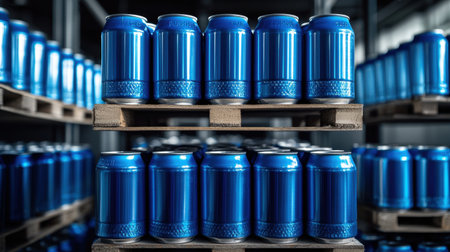 Stacked aluminum energy drink cans in a warehouse, arranged neatly with a copy space area for branding or text.の素材