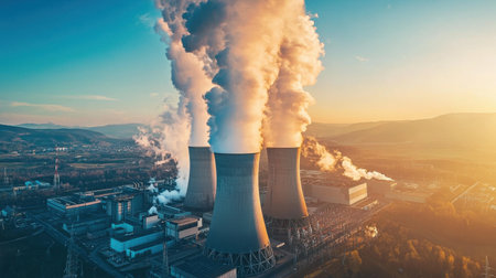 Aerial view of a power plant with towering cooling structures releasing vapor into the sky.の素材