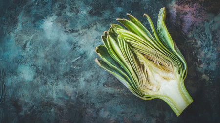 Fresh green artichoke with one half facing up, exposing its delicate heart and fibrous choke, elegantly displayed on a dark textured background.の素材