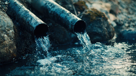 Close-up of dark fluid gushing from corroded metal pipes into a water body, symbolizing environmental impact.の素材