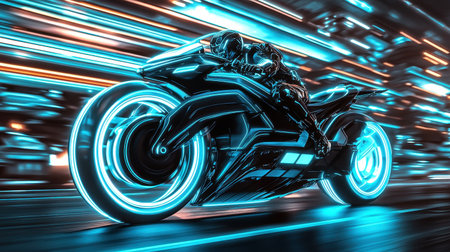 Dynamic shot of a futuristic motorbike with neon blue lights, speeding through a high-tech cityscape, motion blur enhancing speed.の素材