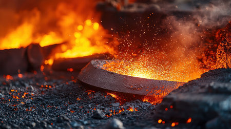 Close-up of molten steel being processed in a foundry, sparks flying as liquid metal is refined into shape.の素材