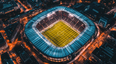 Dramatic aerial view of a massive football stadium at night, floodlights illuminating the pitch while thousands of fans cheer in excitement.の素材