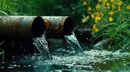 Close-up of dark fluid gushing from corroded metal pipes into a water body, symbolizing environmental impact.の素材