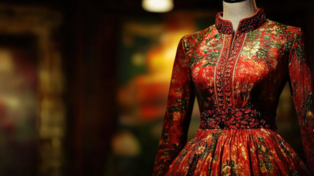 Close-up of a luxurious maxi dress on a mannequin, spotlight highlighting the intricate design and rich fabric texture.の素材