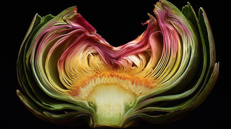 Artichoke cut in half, showing the intricate structure of the heart and soft choke, beautifully lit to highlight its organic textures.の素材