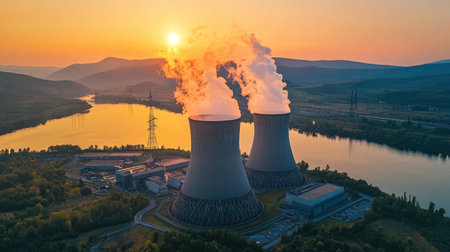 Aerial view of a power plant with towering cooling structures releasing vapor into the sky.の素材