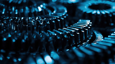 Close-up of interlocking steel gears in a production facility, emphasizing their intricate design and engineering quality.の素材