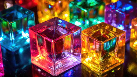 Close-up of illuminated crystal-like cubes, their vibrant hues radiating through a dimly lit studio space.の素材