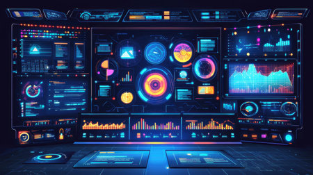 High-tech control room with AI-enhanced big data analytics, glowing dashboard screens tracking industry insightsの素材