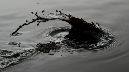 High-contrast image of dark liquid spilling into water, emphasizing pollution from industrial discharge.の素材