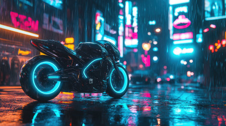 Cyberpunk-inspired motorcycle with glowing wheels, parked under neon billboards in a rainy futuristic city at midnight.の素材