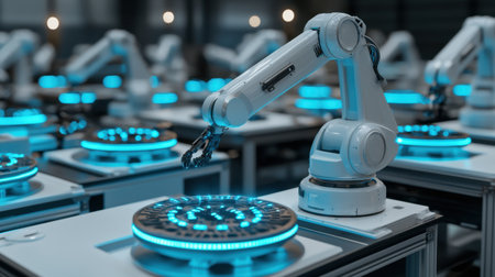 Futuristic warehouse automation system with robotic arms and conveyor belts operating in perfect harmony to optimize storage and shipping.の素材