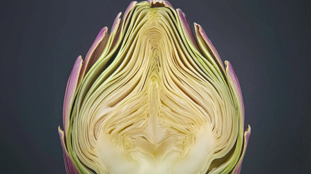 Freshly cut artichoke half displayed prominently, revealing its tender heart and layered leaves, perfect for a healthy food concept.の素材