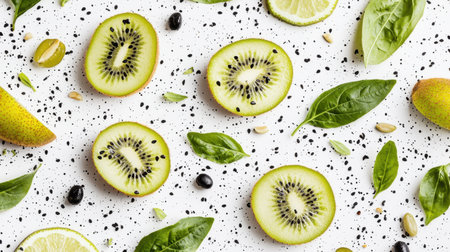 Freshly sliced kiwi revealing its vibrant green flesh, tiny black seeds, and delicate translucent pulp on a clean white background.の素材