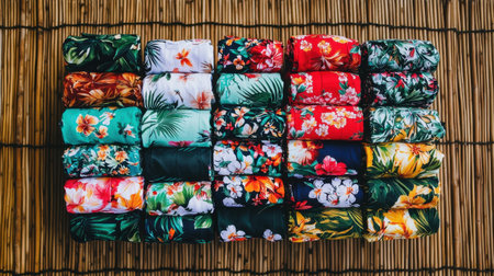 Neatly folded Hawaiian shirts with bright floral prints arranged on a bamboo mat, showcasing tropical fashion.の素材