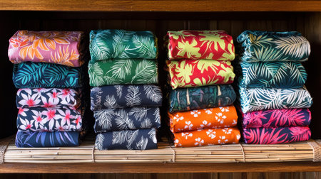 Hawaiian shirts with bright island-inspired patterns folded on a rustic bamboo mat, creating a vacation aesthetic.の素材