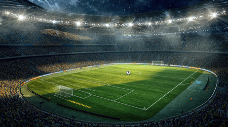 Panoramic view of a packed soccer stadium under dazzling night lights, with a football placed at the center of the vibrant green pitch.の素材