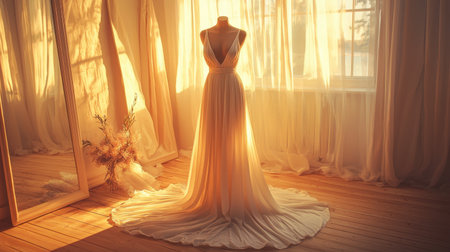 Fashion studio shot of a chic maxi dress on a mannequin, illuminated by warm lighting to highlight its delicate texture.の素材