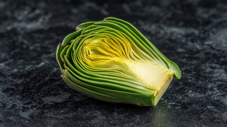 Fresh green artichoke with one half facing up, exposing its delicate heart and fibrous choke, elegantly displayed on a dark textured background.の素材