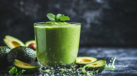 Refreshing avocado and mint smoothie in a glass, surrounded by fresh avocados and splashes of green liquid, creating a fresh and healthy vibe.の素材