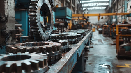 Heavy-duty factory floor with massive mechanical gears being lubricated and prepared for machine assembly.の素材