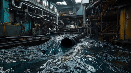 Thick black liquid spilling from factory pipes into a polluted waterway, highlighting industrial waste.の素材