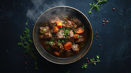 Tender beef stew with aromatic herbs, beautifully arranged in a bowl, viewed from above, steam rising for a warm and comforting presentation.の素材