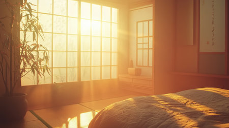 Warm and tranquil Japandi bedroom design, subtle earthy decor elements harmonizing with soft sunlight.の素材