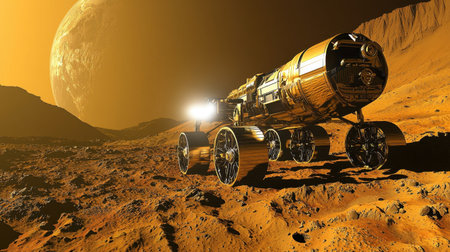 Science fiction-inspired planetary rover, its headlights illuminating the shadowed craters of a distant world.の素材