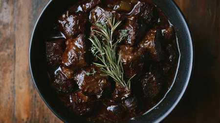 Savory braised beef with rosemary and thyme, presented in a deep bowl with a rich, flavorful sauce, viewed from above.の素材