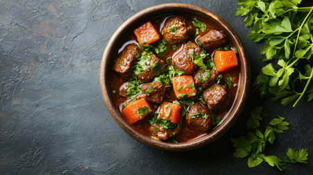 Tender beef stew with aromatic herbs, beautifully arranged in a bowl, viewed from above, steam rising for a warm and comforting presentation.の素材